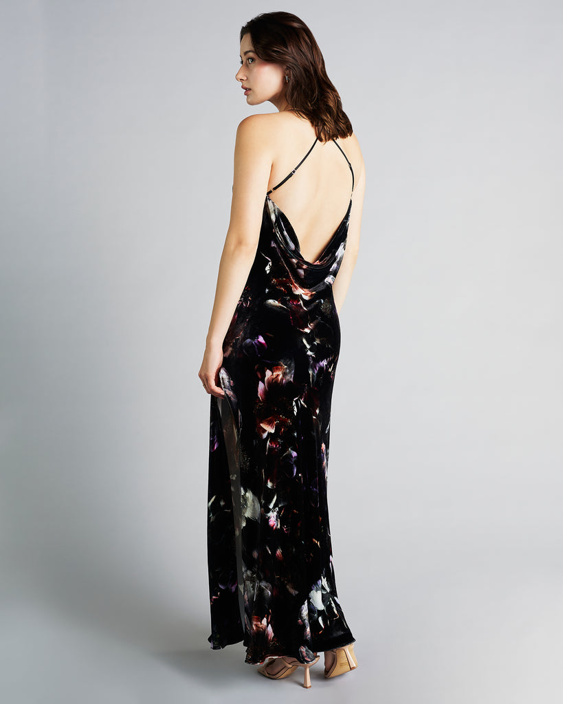 Christine Vancouver's Moonlight gown has adjustable crossed spaghetti straps frame a low back with draped cowl detailing
