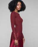 Long sleeved top from Dana Pisarra is crafted of burgundy red ribbed knit silk, ultra stretchy and comfortable