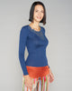 Knit blue long sleeved top from Dana Pisarra is ultra lightweight and ribbed to hug every curve without adding bulk