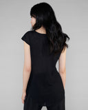 Black linen Dana Pisarra top has wide, bra-friendly straps, a v-neck, and a slightly longer rear