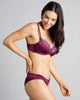 Emma Harris Rochelle lingerie set is crafted from a berry purple stretch silk with shimmering purple lace appliqué
