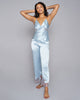 Emma Harris Veronique camisole has adjustable spaghetti straps and pleated cups for fit, with lace appliqué as falling flowers under the bust down the sides, pant has an elasticized waist and lace appliqué at the hem