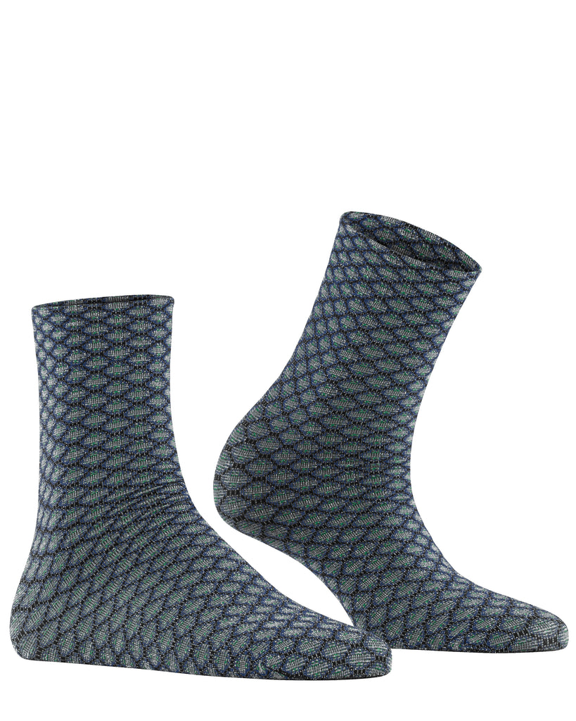 Falke's Gleaming Hive socks are 3D Knit for superior fit with a geometric pattern interspersed by shimmering lurex