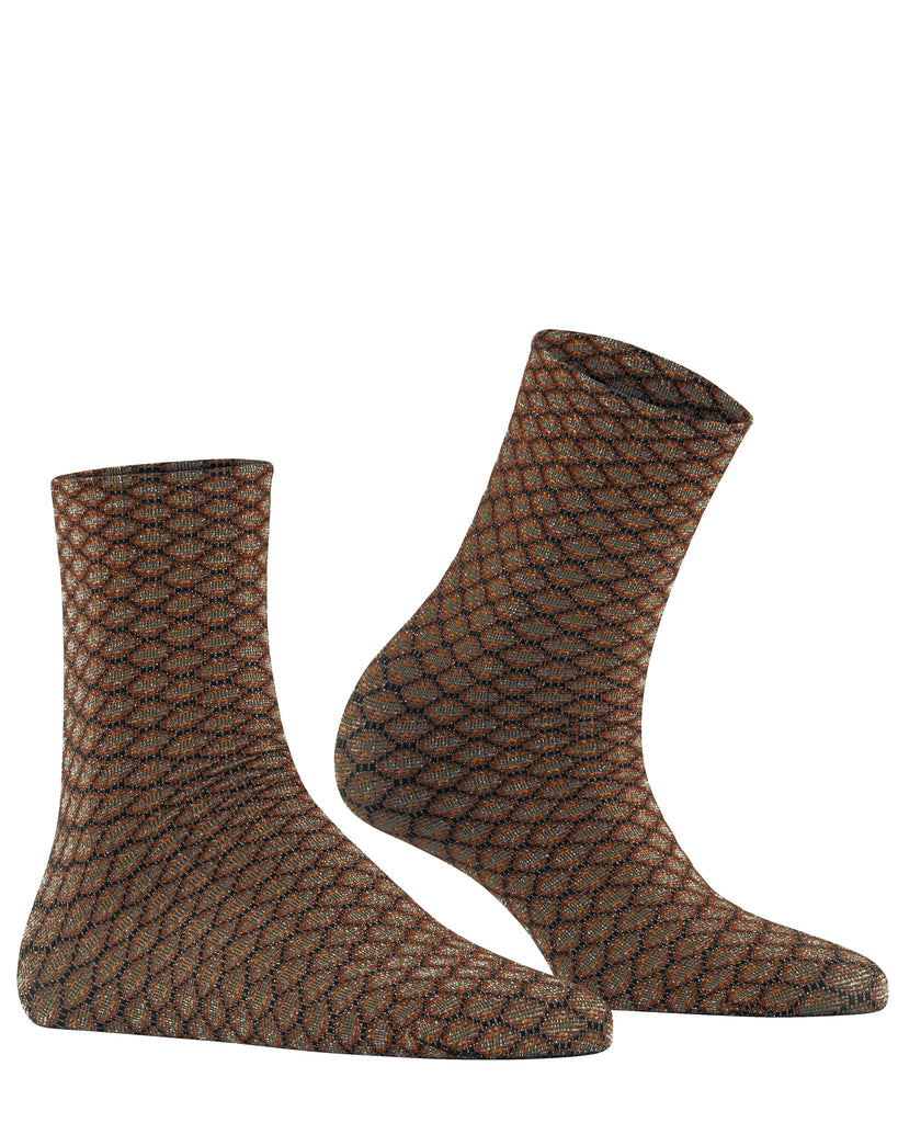 Falke's Gleaming Hive socks are available in Tawny (Tan with brown patterning), Imperial (Blue with navy patterning), Black (Grey with black patterning) and Scarlet (Red with burgundy patterning)