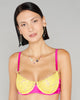 Underwired bra from Freolic London has transparent guipure lace cups with silk tulle lining, adjustable silk shoulder straps, and adjustable silk back straps for fit