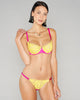 Luxurious lingerie set from Freolic London is crafted from fuchsia silk with lemon yellow floral guipure lace