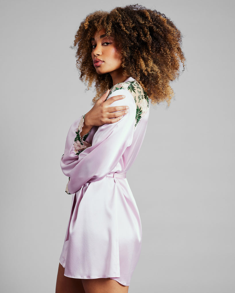 Gilda & Pearl’s Chelsea Garden robe has pink and green floral embroidered insets at the shoulders and sleeves