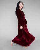 Burgundy Red silk velvet robe from Gilda & Pearl has long sleeves and a full circle skirt