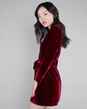 Burgundy red silk velvet robe from Gilda & Pearl has long sleeves and a tailored fit through the body