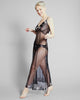 Black Jardin de la Lune gown and brief set from Gilda & Pearl are crafted from sheer black stretch tulle with black and white floral embroidery