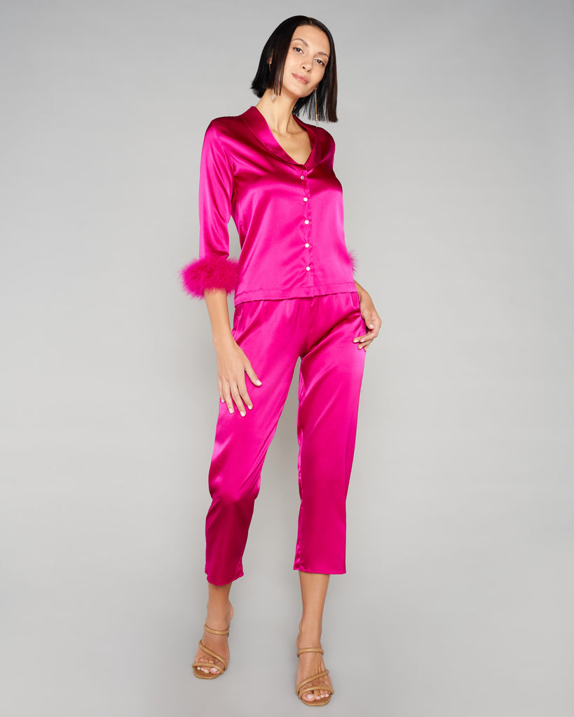 Gilda & Pearl Kitty Fuchsia Silk Pajama with Marabou