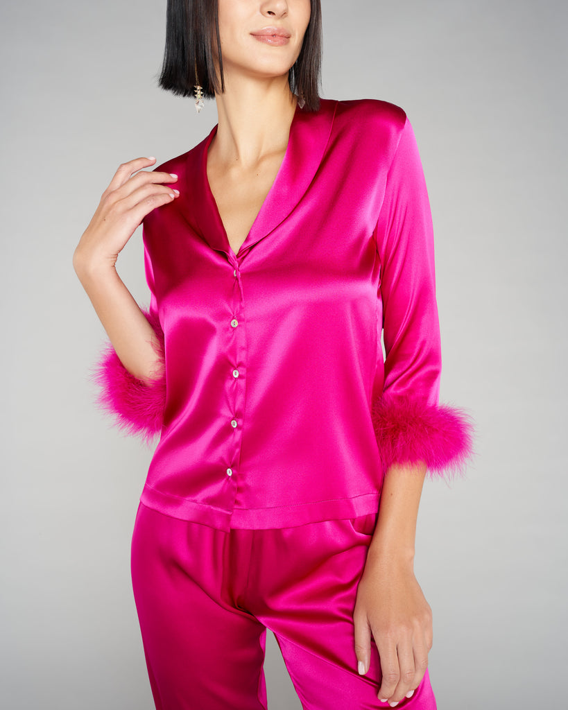 Gilda & Pearl  Kitty Marabou Silk Pajama at Jane's Vanity