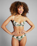 Underwired Les Fleurs bra has non-lined seamed demi cups, adjustable padded silk straps and a multi-hook beige mesh band
