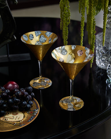 Blue and Black Paisley Gilded Martini Glass Set