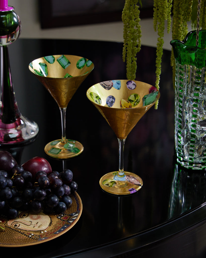 Scott Potter Mixed Jewels and Emeralds Gilded Martini Glasses