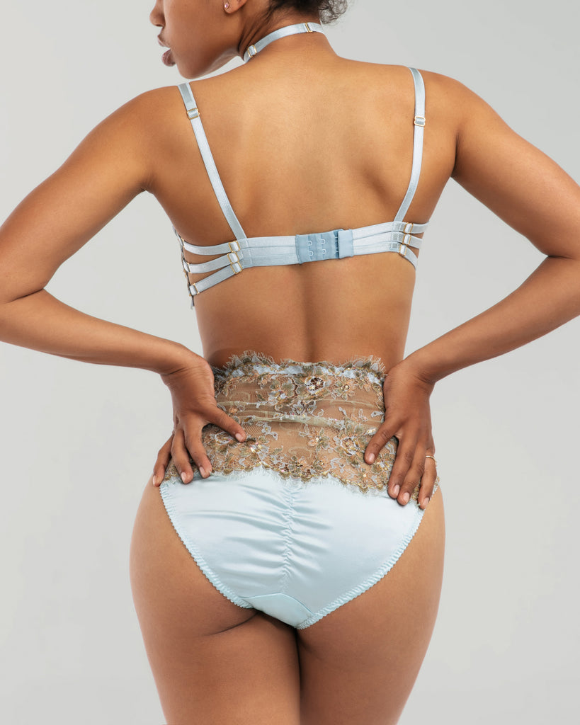Karolina Laskowska Eos couture matching high-waisted panty shows off a wide swath of lace with a silk gusset, ruched silk rear, freshwater pearl charm at the front, and a Swarovski crystal button opening at one hip for ease of wear