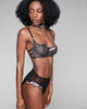 Selene lingerie set from Karolina Laskowska is crafted from an abstract “circuit board” corded black lace and scalloped lace trim accented with iridescent sequins
