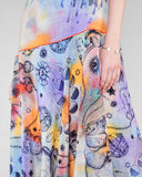 Klements Occult Florry Dress has an abstract pastel background pattern in tones of purple, blue & gray with orange and red accents with hand-drawn black illustrations over the skirt
