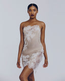 Silk chemise from Merle Noir showcases lavish lace appliqué across the front and at the full hem