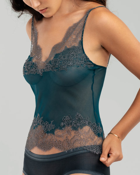 Merle Noir | Teal Sheer Silk Camisole at Jane's Vanity