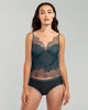 Sheer teal blue silk chiffon camisole from Merle Noir is accented with swaths of painstakingly appliquéd grey floral lace 