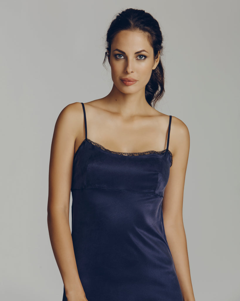 Non-adjustable spaghetti straps on the Chloe silk gown are made of the same washed silk