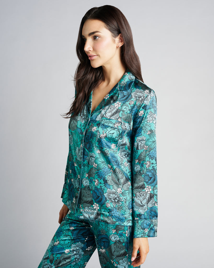 Jardin de Nuit button-down pajama top has a relaxed silhouette, curved notch lapels, and a chest pocket