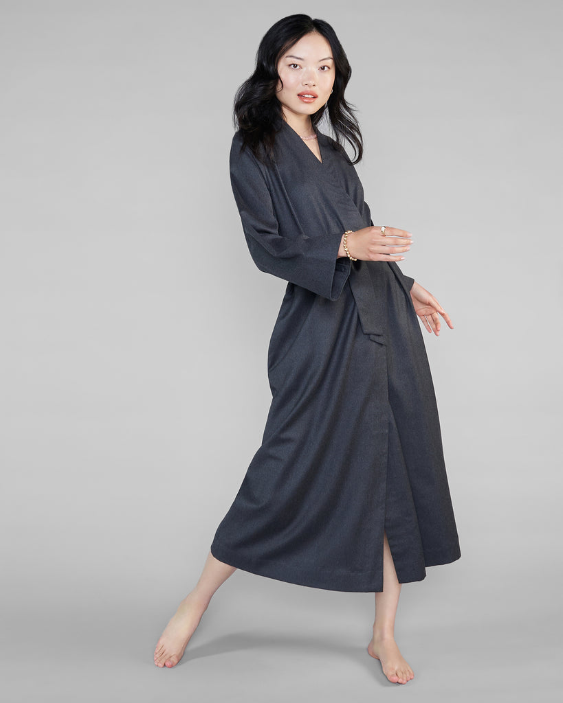Rich gray 100% wool flannel robe from Morpho + Luna is classic and comfortable, the perfect year-round weight 