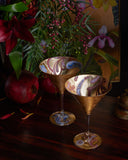 Scott Potter Blue and Burnt Orange Paisley Gilded Martini Glass Set