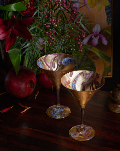 Purple Paisleys Gilded Martini Glasses