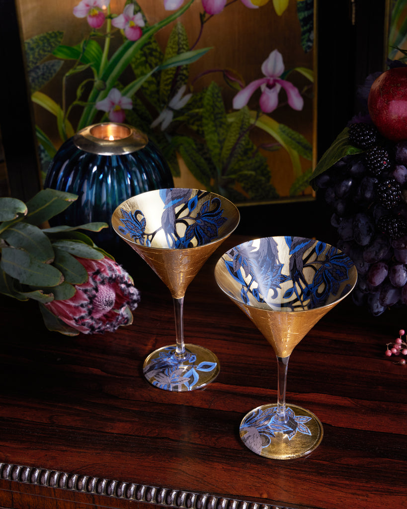 Scott Potter Blue and Black Paisley Gilded Martini Glass Set