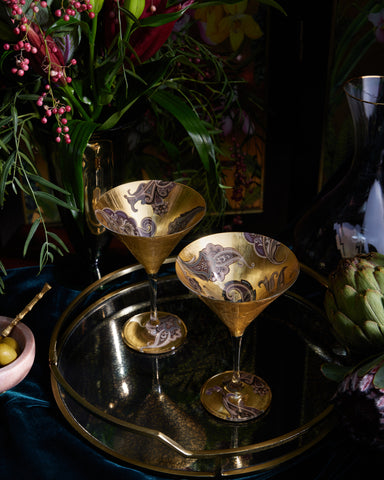 Purple and Tan Paisley Gilded Martini Glass Set