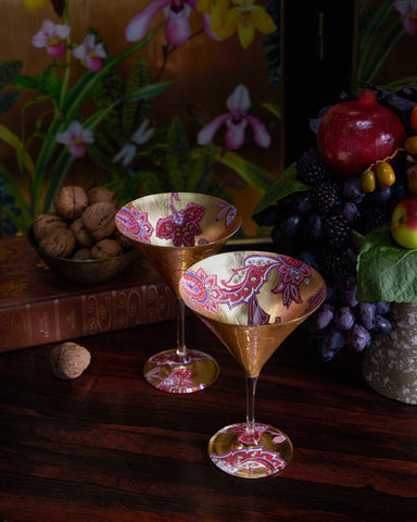 Pink and Aqua Paisley Gilded Martini Glass Set