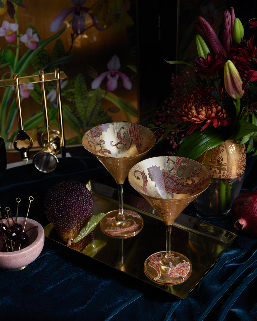 Scott Potter Orange and Grey Paisley Gilded Martini Glass Set