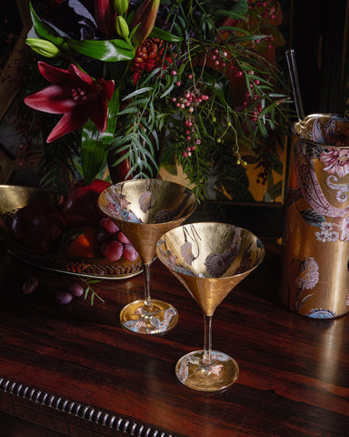 Dark Brown and Red Paisley Gilded Martini Glass Set