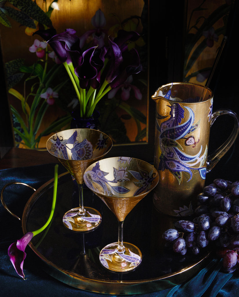 Scott Potter Purple and Lavender Paisley Gilded Martini Glass Set